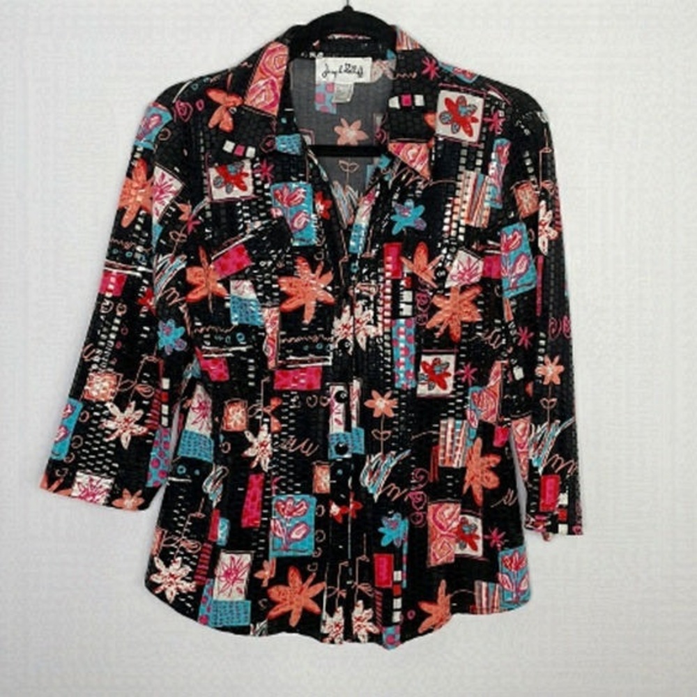 Bright Floral Patchwork Button-Up Blouse - Black … - image 1